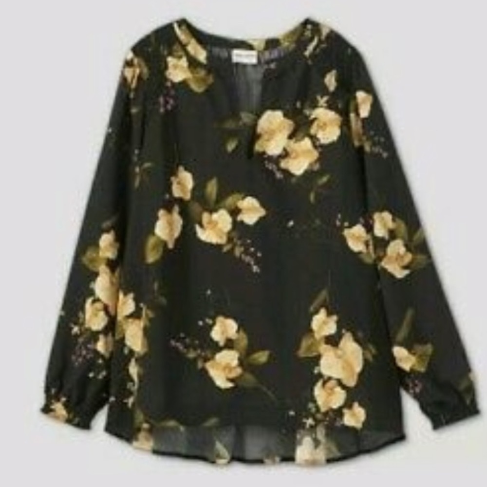 Ava & Viv Plus Size X (14W) Floral Print Long Sleeve VNeck Smocked Blouse black